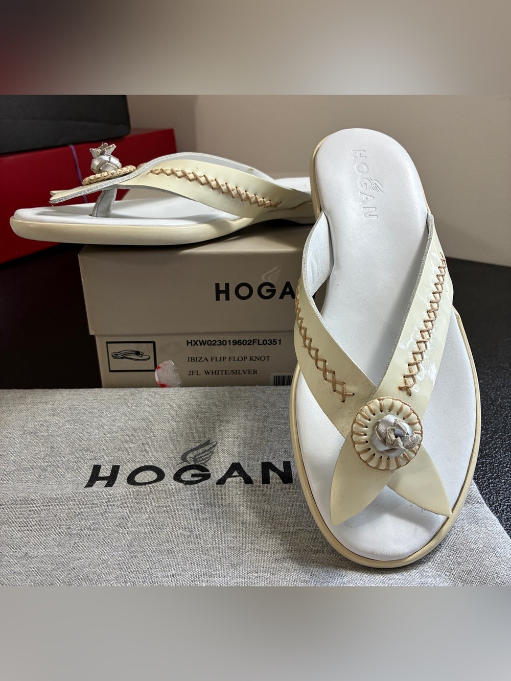 Hogan Ibiza Cream with Tan Stitching Knot-Embellished Leather Sandals